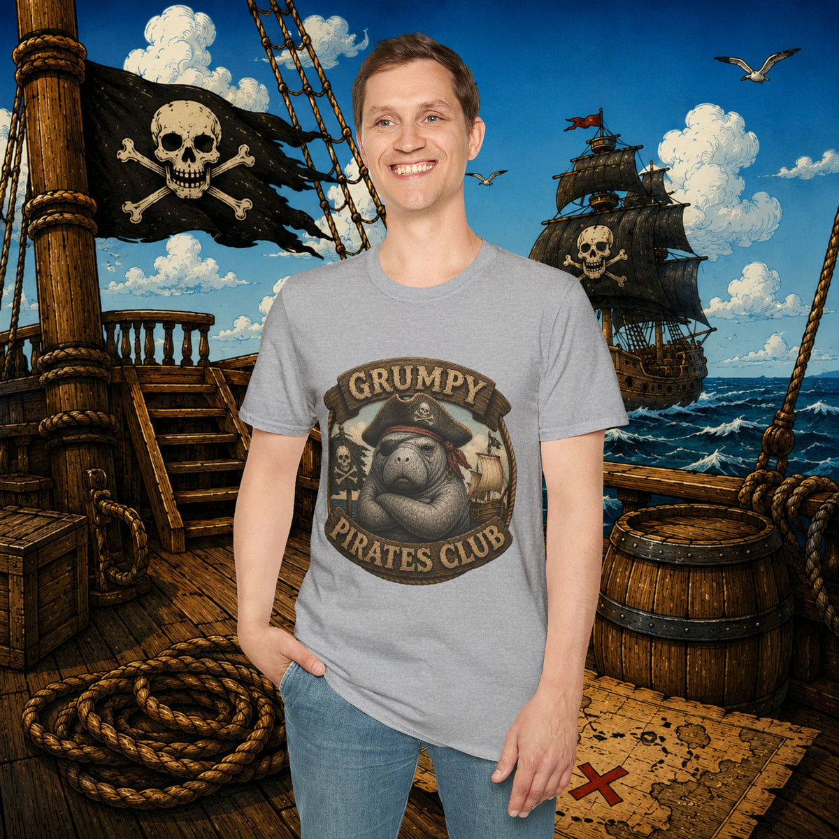 Grumpy Pirates Club Manatee T-Shirt | Funny Pirate Manatee Coastal Humor Tee