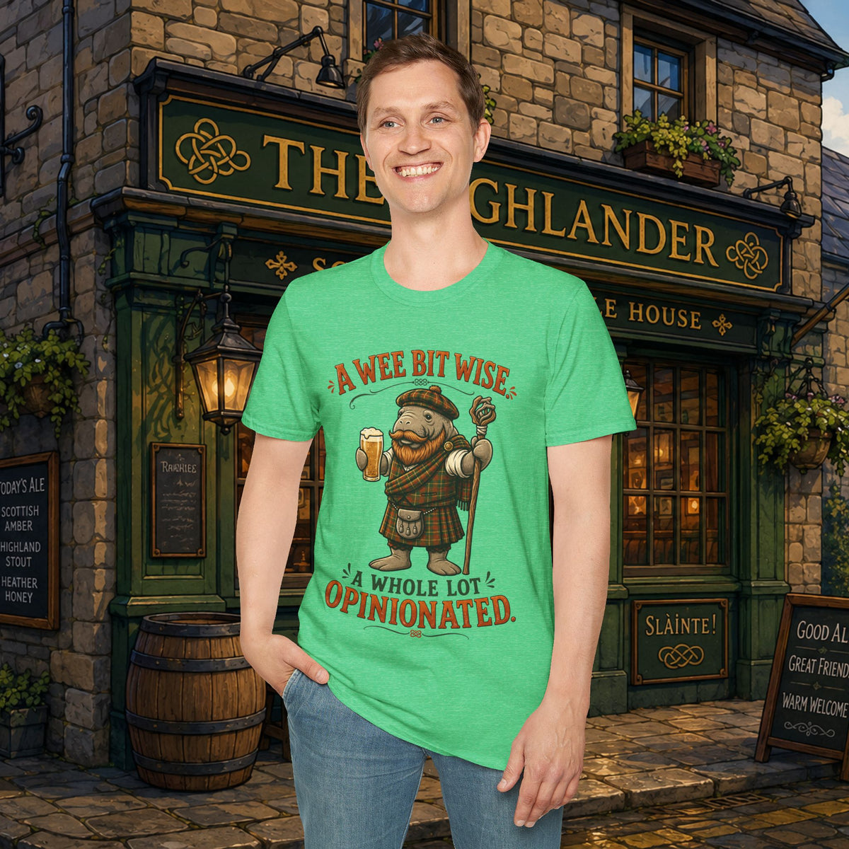 A Wee Bit Wise A Whole Lot Opinionated Shirt | Funny Scottish Manatee Tee | Highland Humor Graphic T-Shirt
