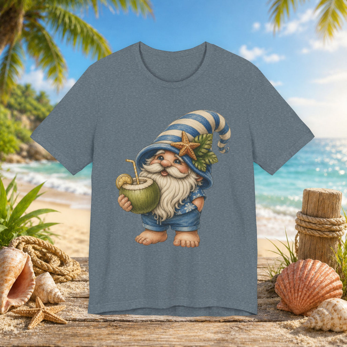 Beach Gnome Drinking Coconut | Coastal Summer Gnome Illustration