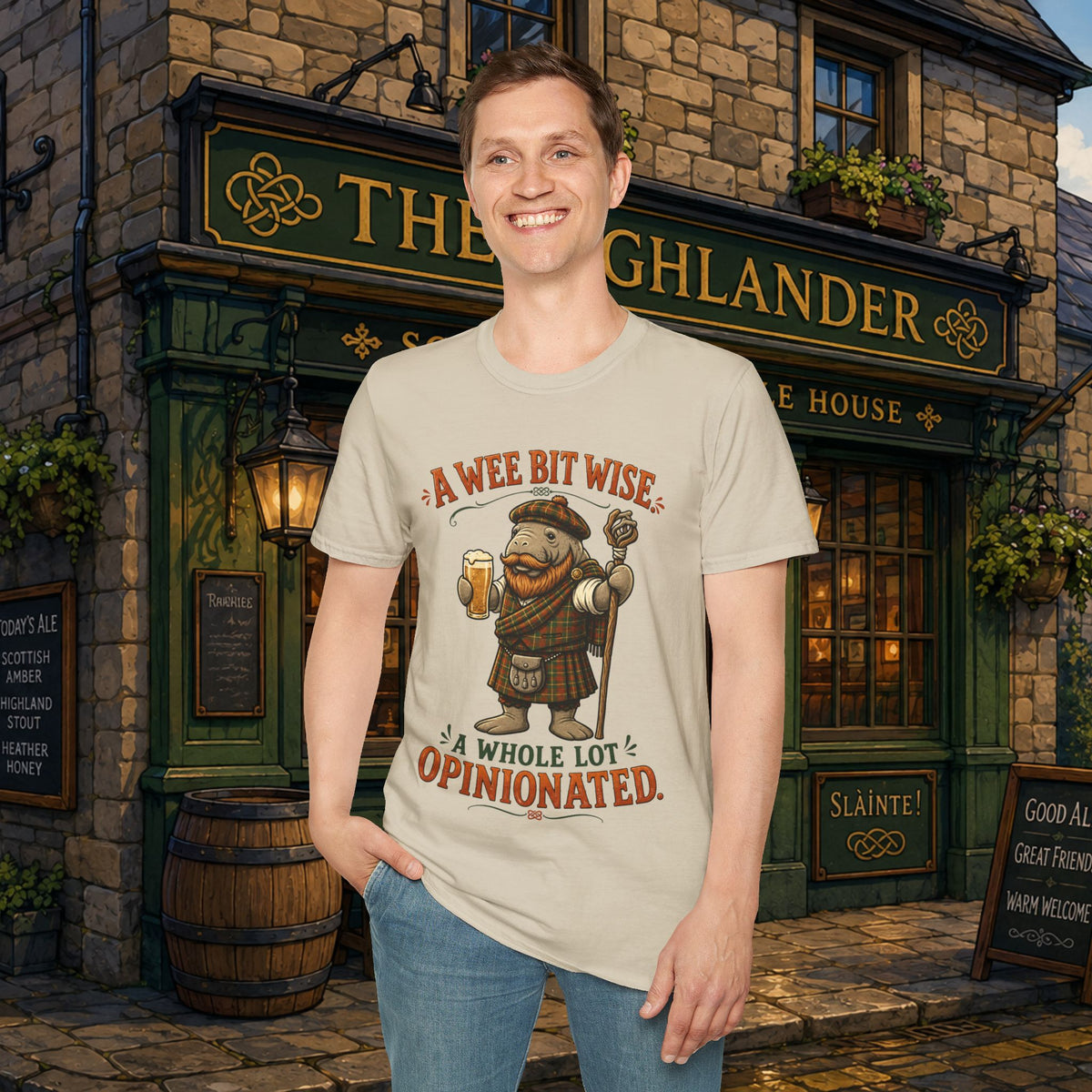 A Wee Bit Wise A Whole Lot Opinionated Shirt | Funny Scottish Manatee Tee | Highland Humor Graphic T-Shirt