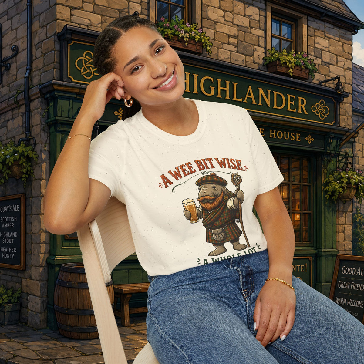 A Wee Bit Wise A Whole Lot Opinionated Shirt | Funny Scottish Manatee Tee | Highland Humor Graphic T-Shirt