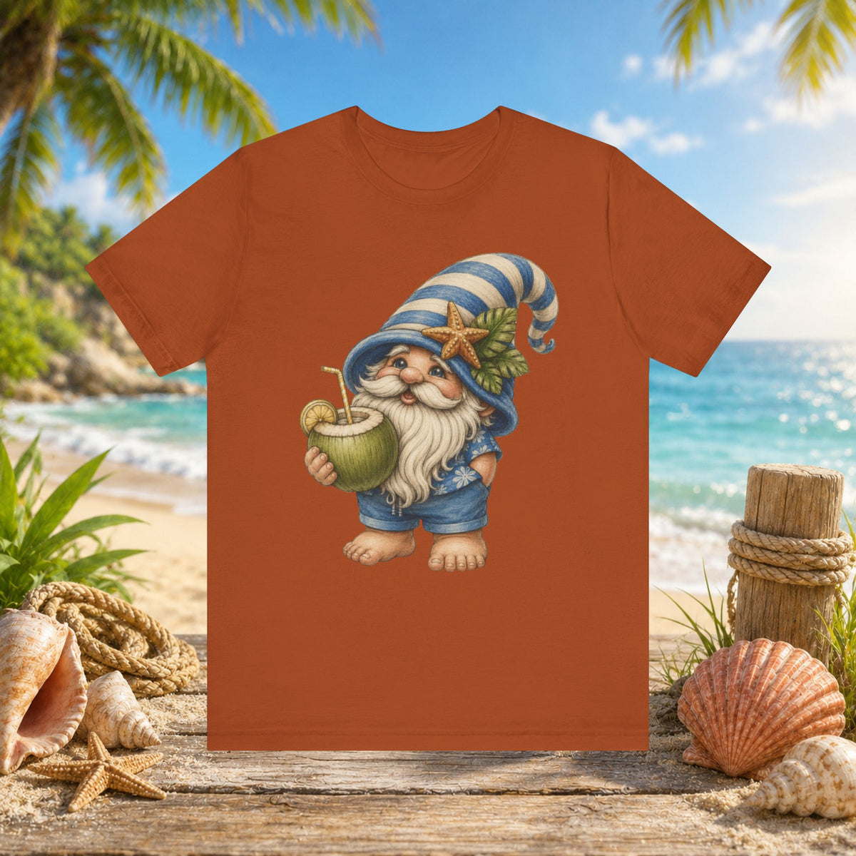 Beach Gnome Drinking Coconut | Coastal Summer Gnome Illustration