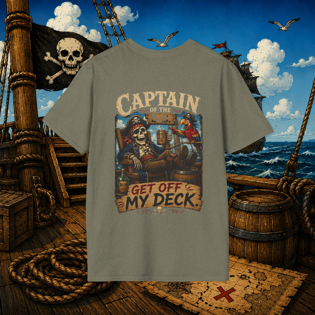 Captain of the S.S. Get Off My Deck Pirate Skeleton Shirt – Funny Grumpy Pirate Graphic Tee