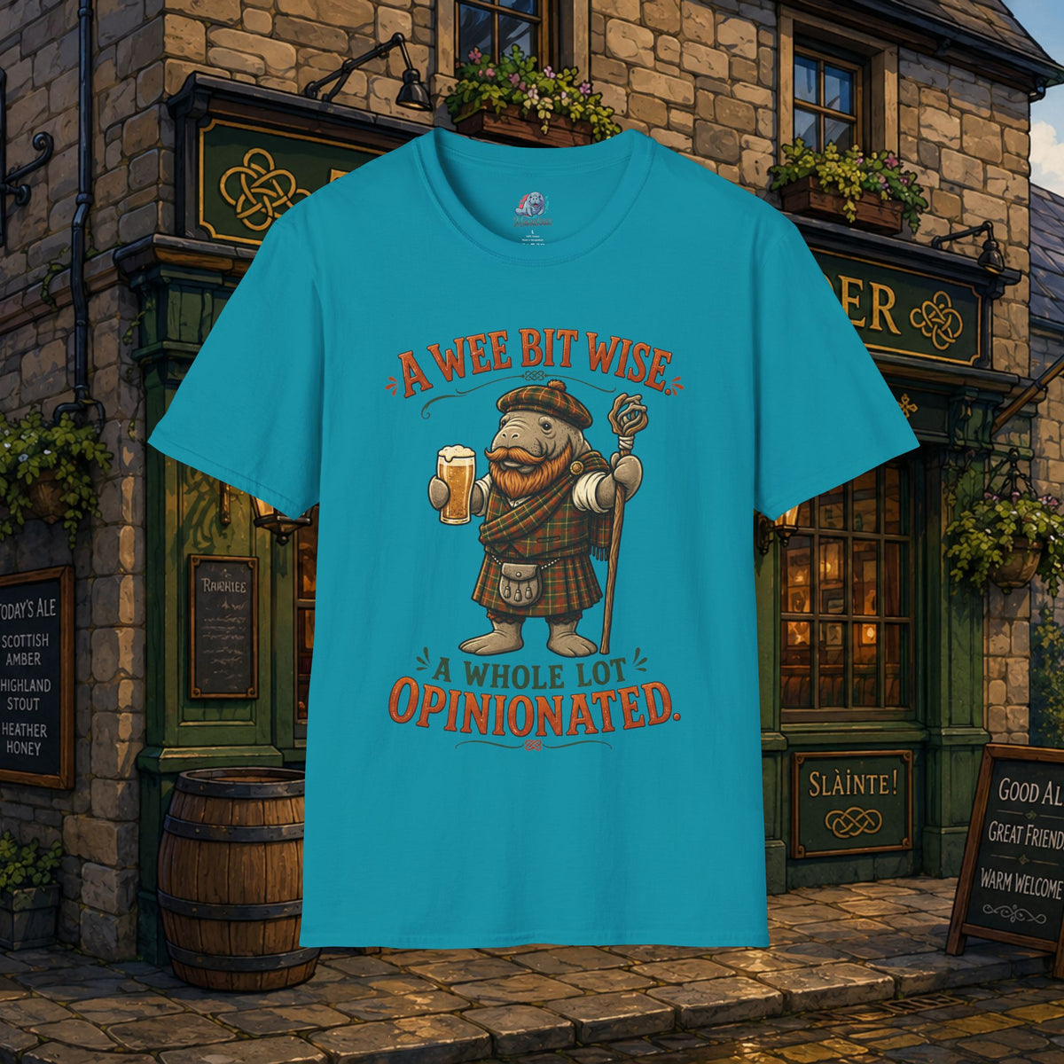 A Wee Bit Wise A Whole Lot Opinionated Shirt | Funny Scottish Manatee Tee | Highland Humor Graphic T-Shirt