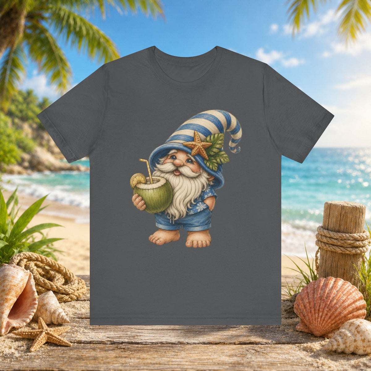 Beach Gnome Drinking Coconut | Coastal Summer Gnome Illustration