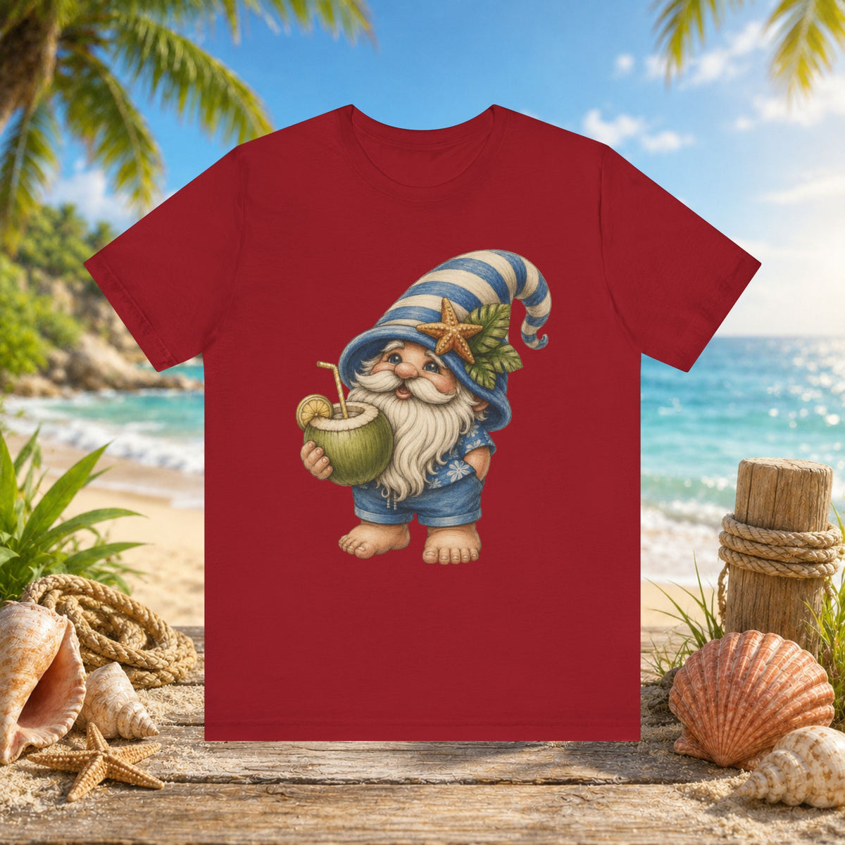 Beach Gnome Drinking Coconut | Coastal Summer Gnome Illustration