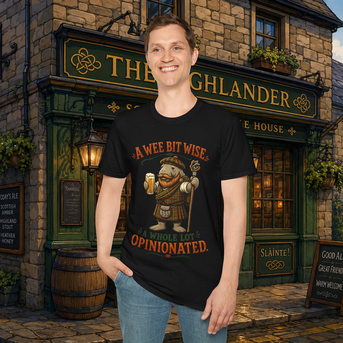 A Wee Bit Wise A Whole Lot Opinionated Shirt | Funny Scottish Manatee Tee | Highland Humor Graphic T-Shirt