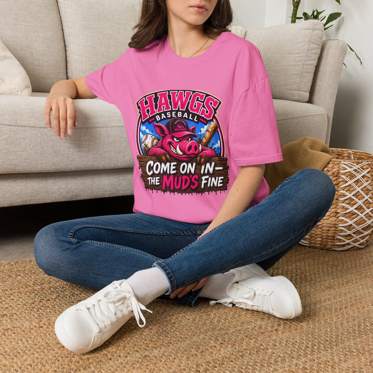 Rock Lakes Mud Hawgs Baseball Shirt | Come On In The Mud's Fine | Funny Pig Baseball Team Tee
