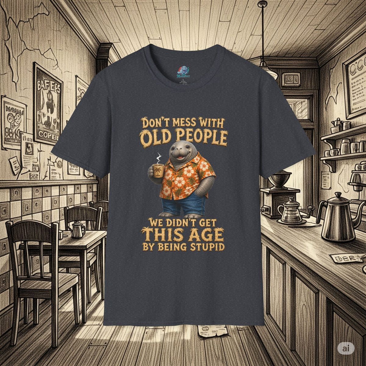 Don't Mess With Old People Shirt | Funny Manatee Humor Tee | We Didn't Get This Age By Being Stupid no background