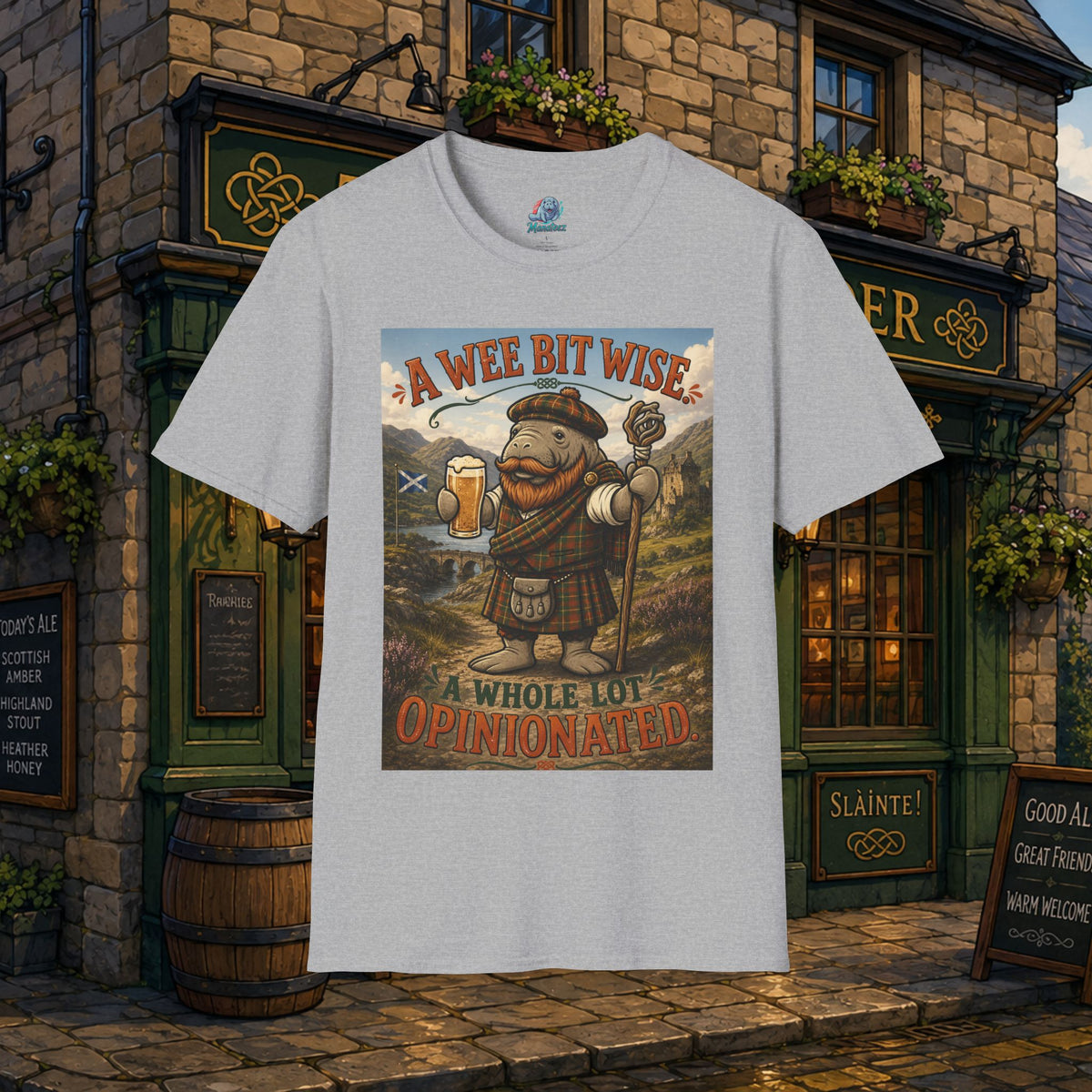 A Wee Bit Wise A Whole Lot Opinionated Shirt | Funny Scottish Manatee Tee | Highland Humor Graphic T-Shirt