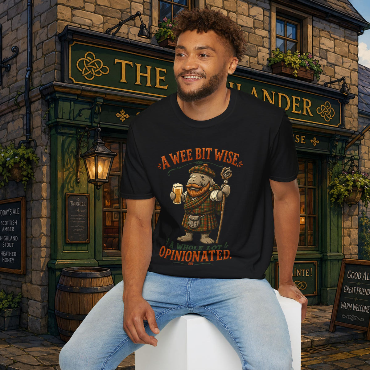 A Wee Bit Wise A Whole Lot Opinionated Shirt | Funny Scottish Manatee Tee | Highland Humor Graphic T-Shirt
