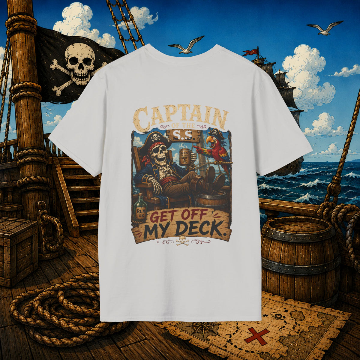 Captain of the S.S. Get Off My Deck Pirate Skeleton Shirt – Funny Grumpy Pirate Graphic Tee