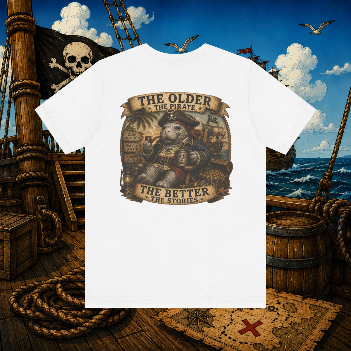 The Older the Pirate, The Better the Stories | Grumpy Pirate Club Manatee T-Shirt