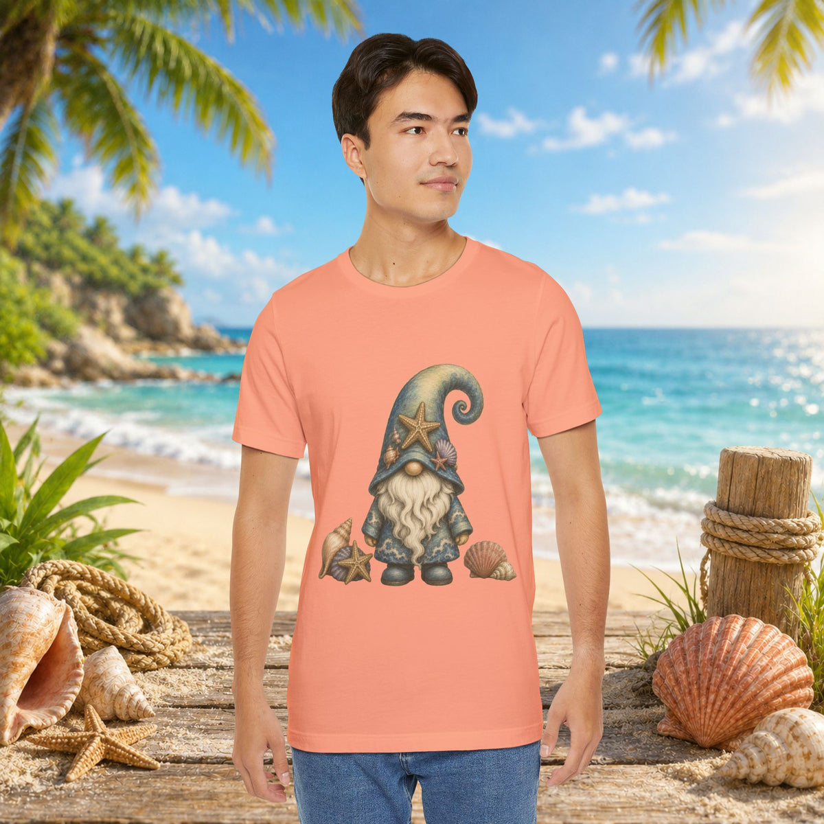 Beach Gnome with Seashells and Starfish | Coastal Nautical Fantasy Art