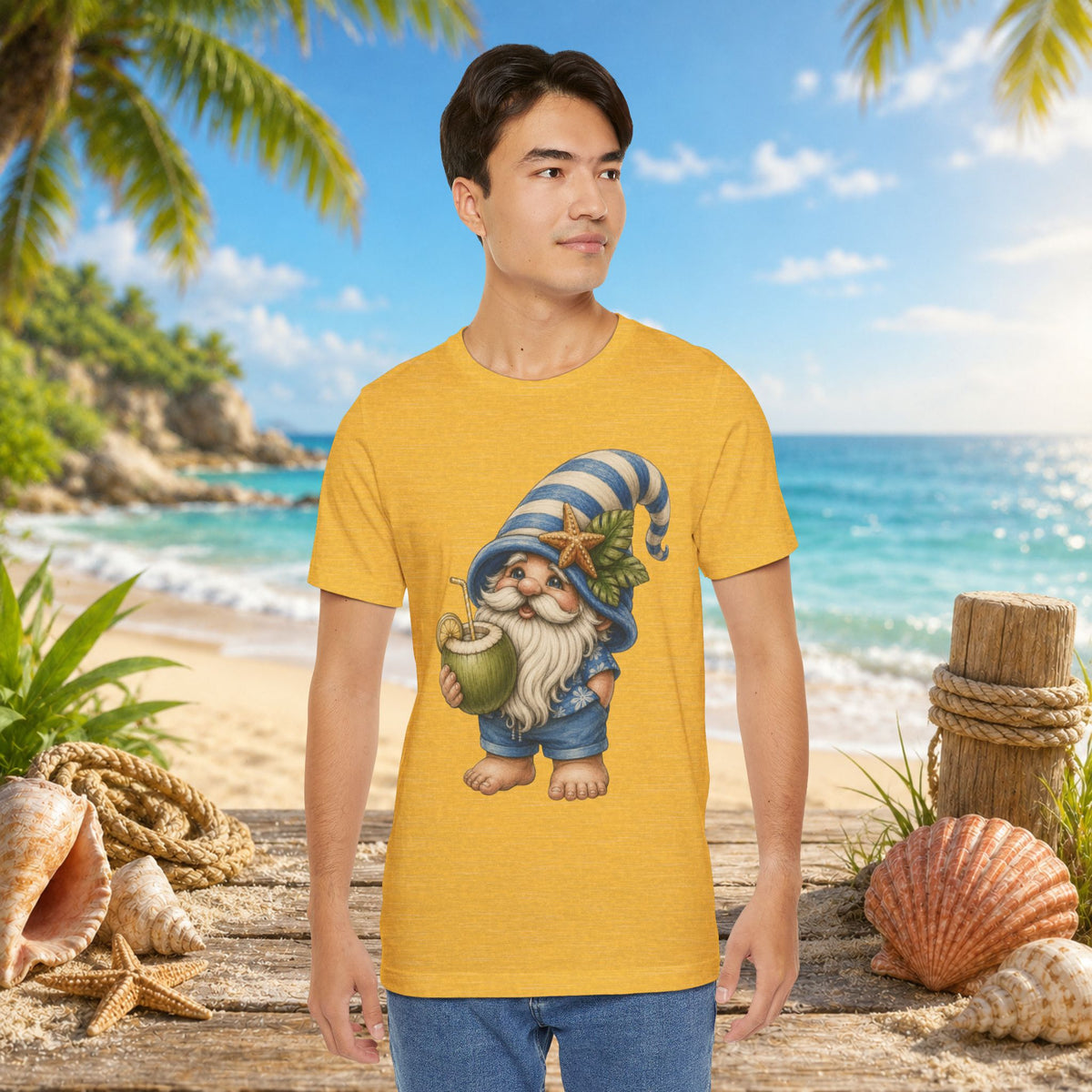 Beach Gnome Drinking Coconut | Coastal Summer Gnome Illustration