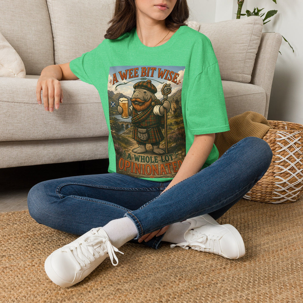 A Wee Bit Wise A Whole Lot Opinionated Shirt | Funny Scottish Manatee Tee | Highland Humor Graphic T-Shirt