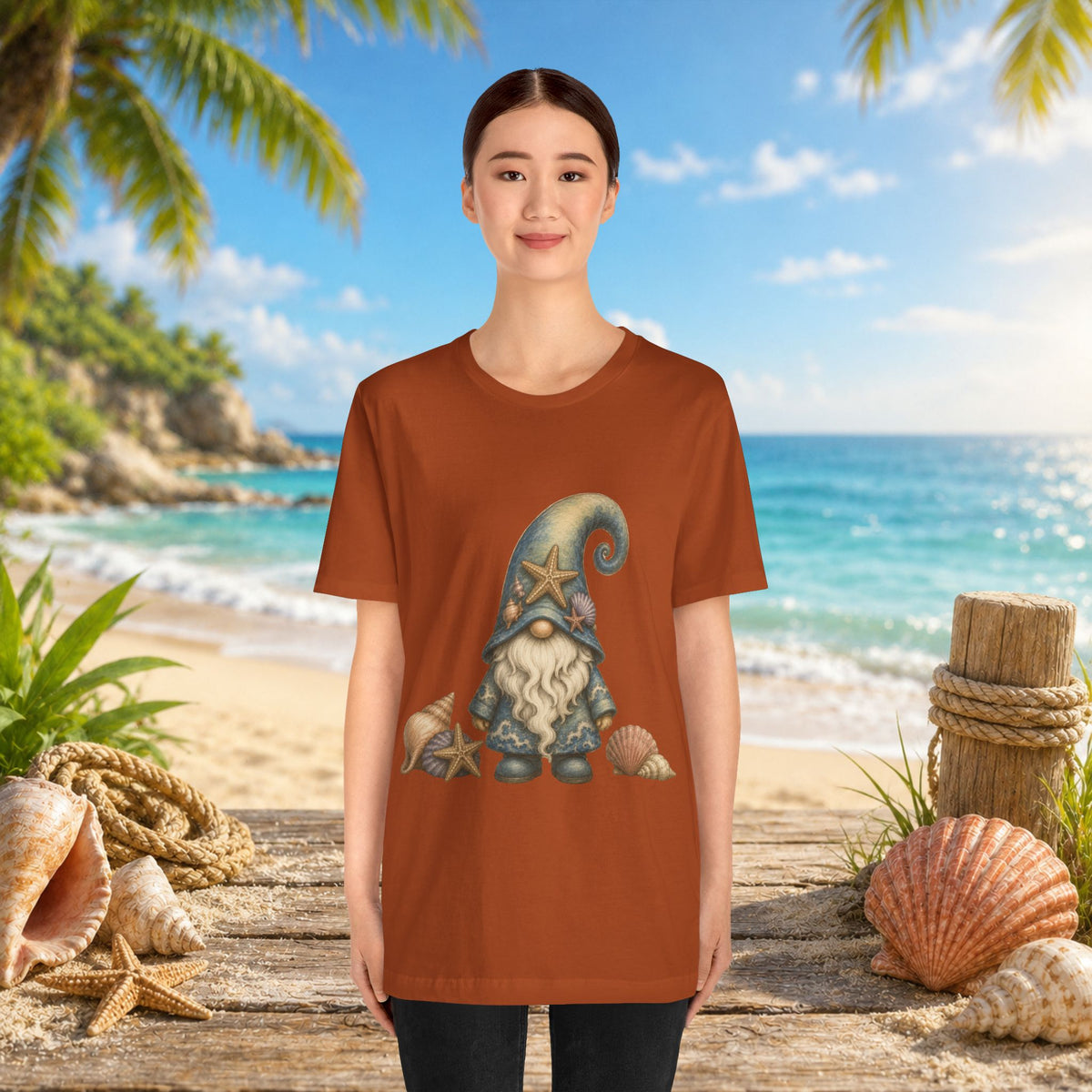 Beach Gnome with Seashells and Starfish | Coastal Nautical Fantasy Art