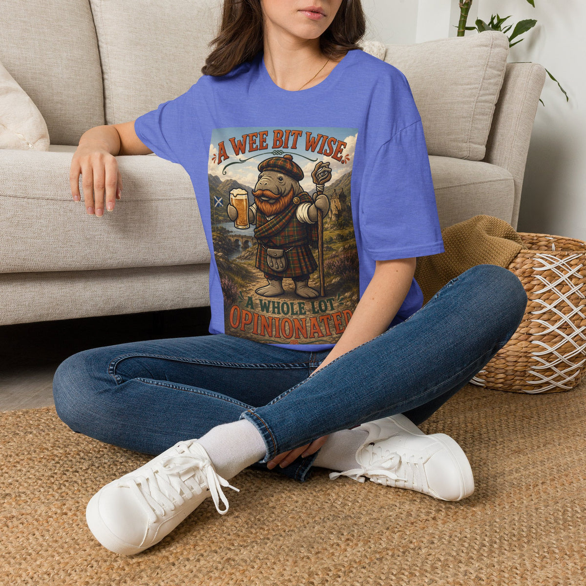 A Wee Bit Wise A Whole Lot Opinionated Shirt | Funny Scottish Manatee Tee | Highland Humor Graphic T-Shirt