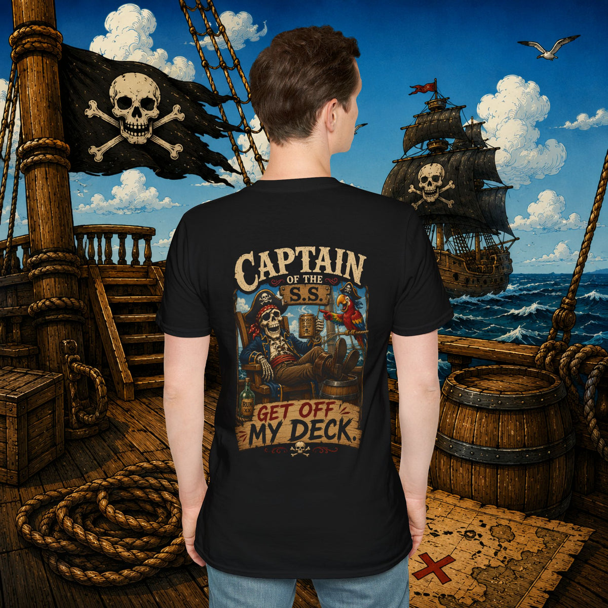 Captain of the S.S. Get Off My Deck Pirate Skeleton Shirt – Funny Grumpy Pirate Graphic Tee