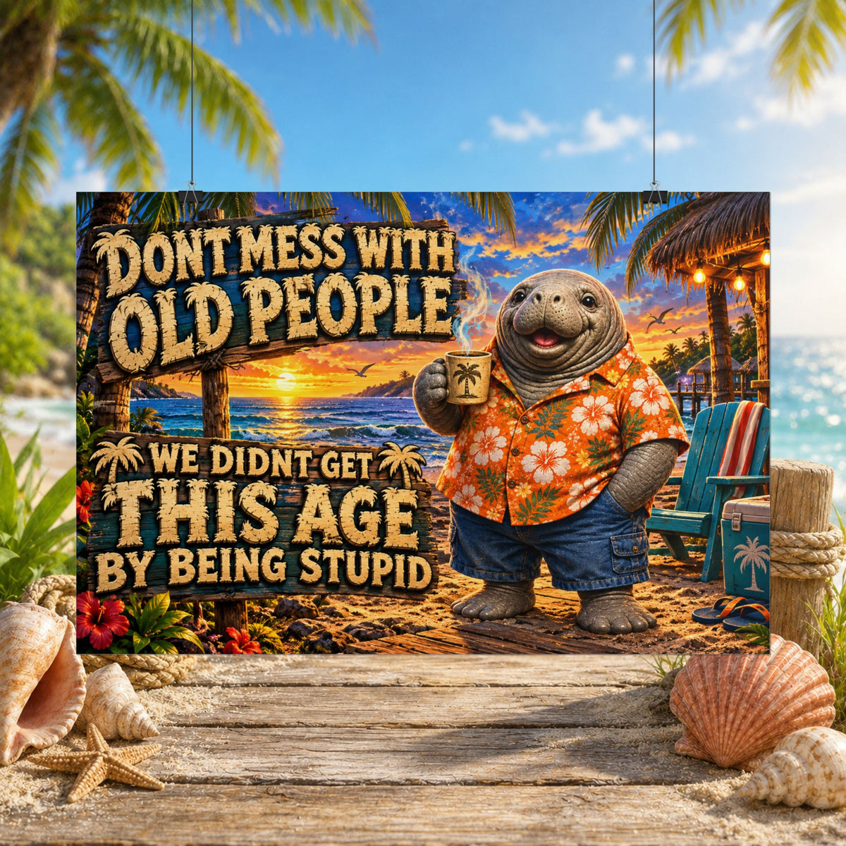 Funny Old People Beach Sloth Quote Rolled Poster