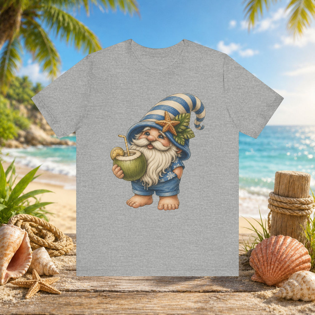 Beach Gnome Drinking Coconut | Coastal Summer Gnome Illustration