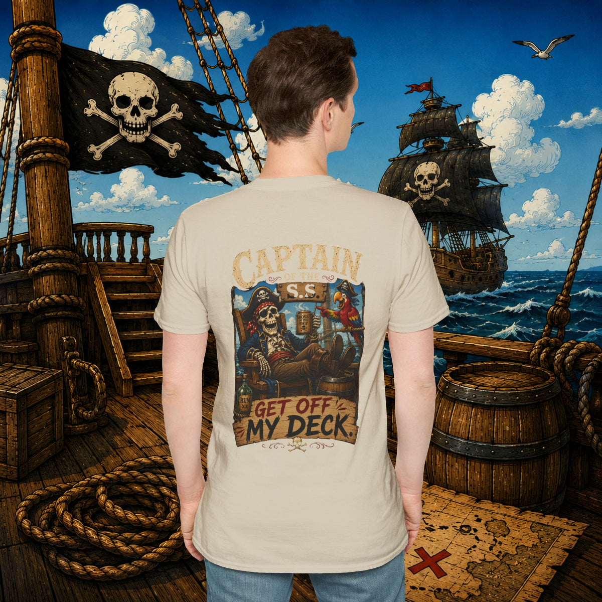Captain of the S.S. Get Off My Deck Pirate Skeleton Shirt – Funny Grumpy Pirate Graphic Tee