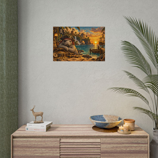 Pirate Manatee Sunset Tropical Adventure Rolled Poster