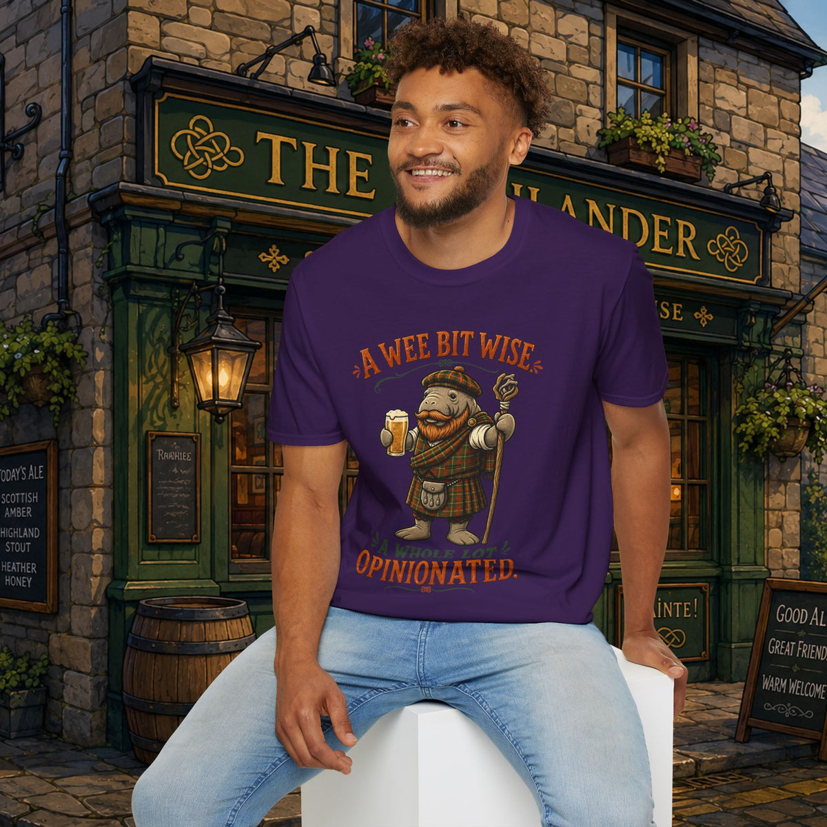 A Wee Bit Wise A Whole Lot Opinionated Shirt | Funny Scottish Manatee Tee | Highland Humor Graphic T-Shirt