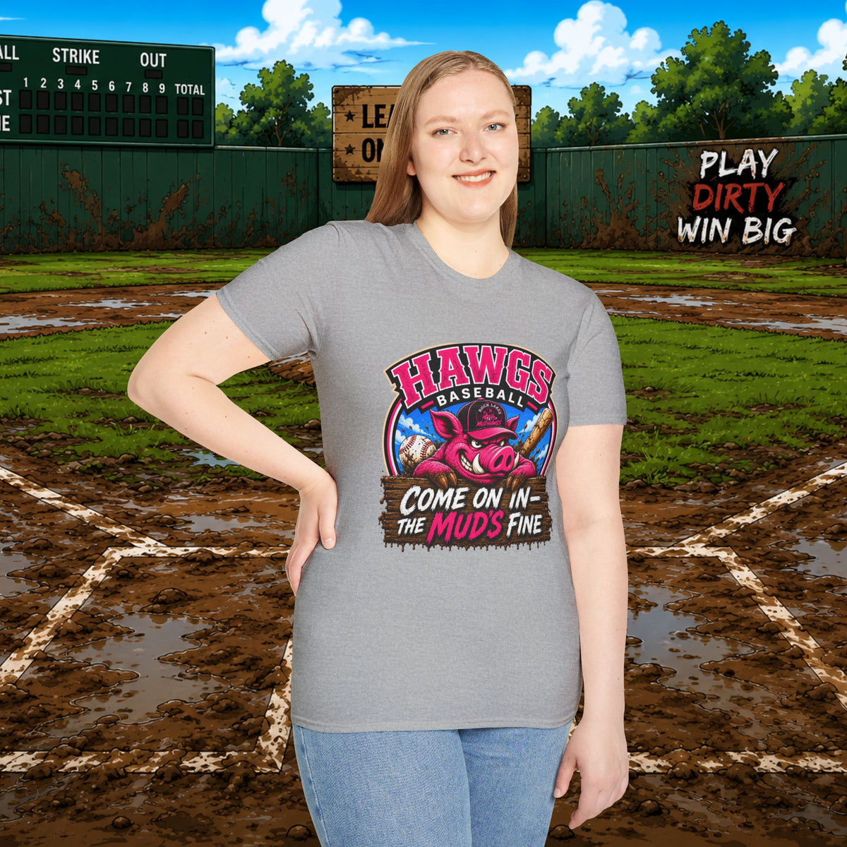 Rock Lakes Mud Hawgs Baseball Shirt | Come On In The Mud's Fine | Funny Pig Baseball Team Tee