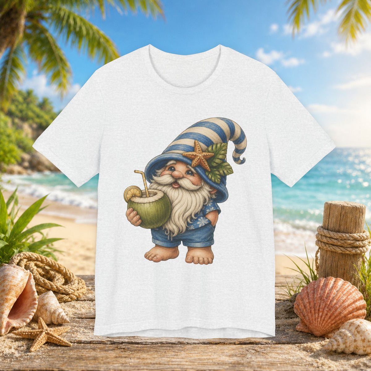 Beach Gnome Drinking Coconut | Coastal Summer Gnome Illustration