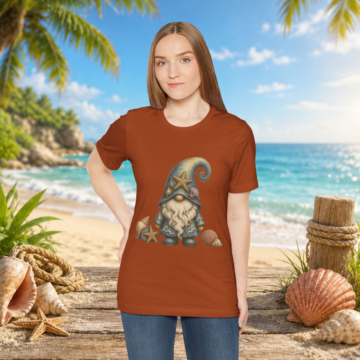 Beach Gnome with Seashells and Starfish | Coastal Nautical Fantasy Art