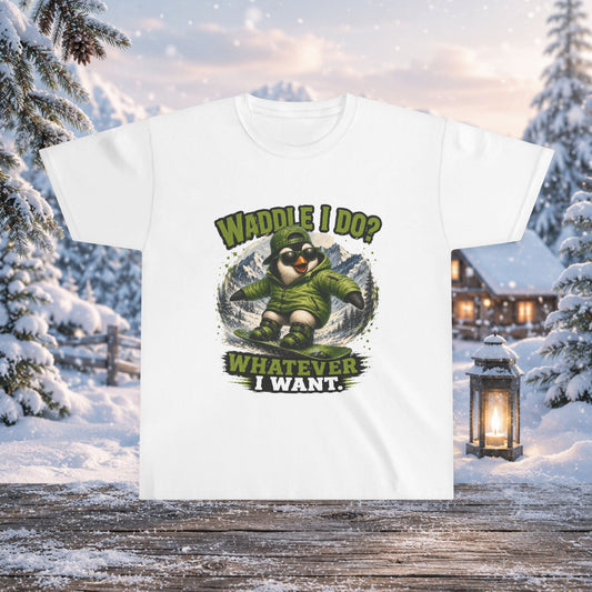Waddle I Do? Whatever I Want. Penguin Snowboarder Funny Kids T-Shirt | Cute Winter Penguin Design