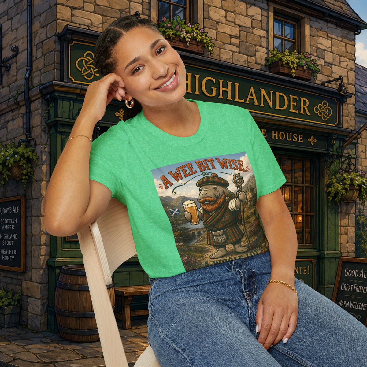 A Wee Bit Wise A Whole Lot Opinionated Shirt | Funny Scottish Manatee Tee | Highland Humor Graphic T-Shirt