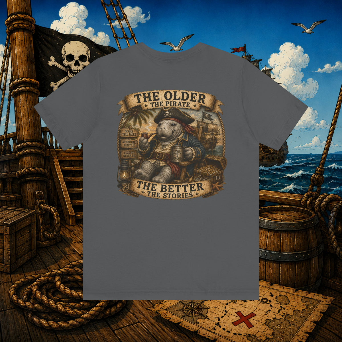 The Older the Pirate, The Better the Stories | Grumpy Pirate Club Manatee T-Shirt