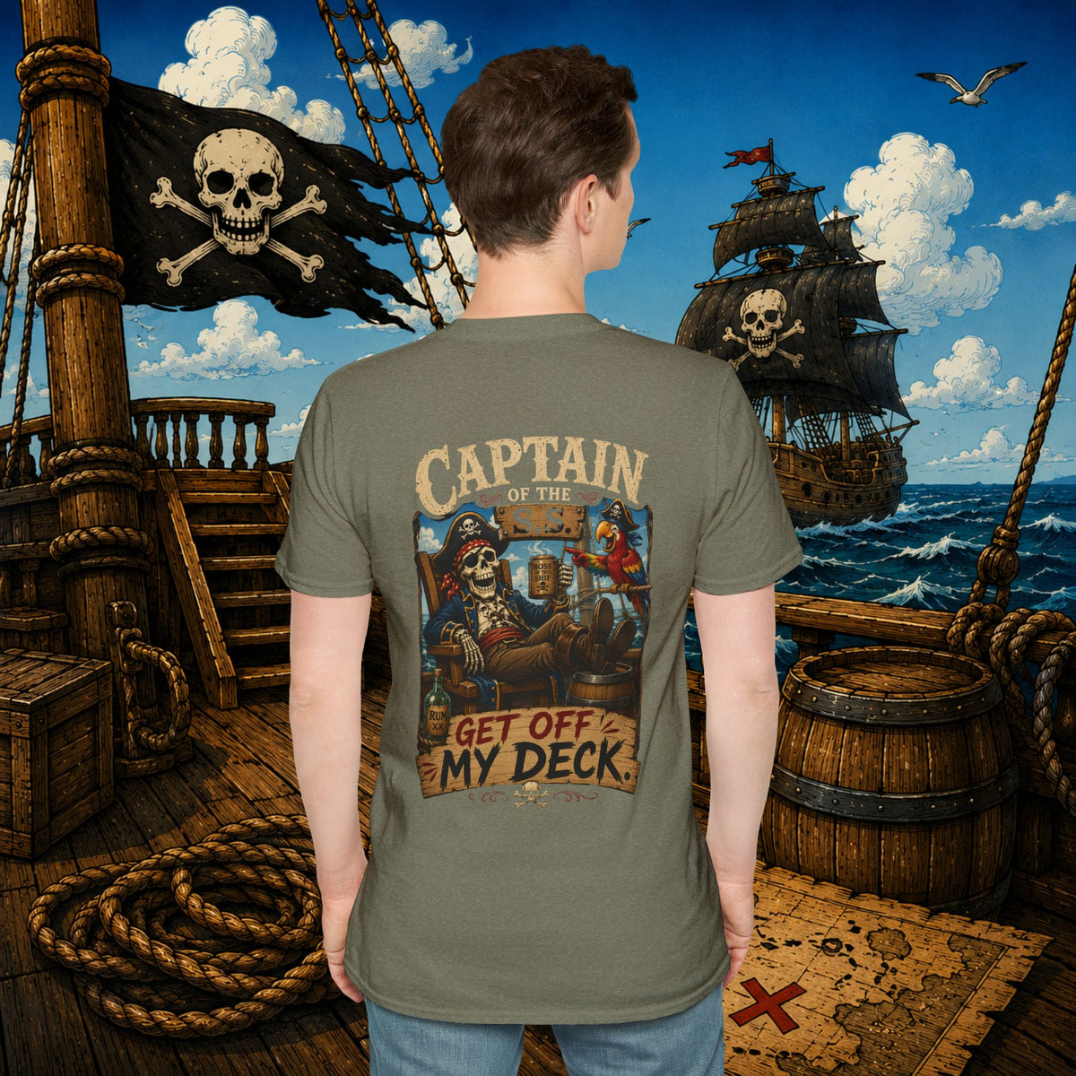 Captain of the S.S. Get Off My Deck Pirate Skeleton Shirt – Funny Grumpy Pirate Graphic Tee
