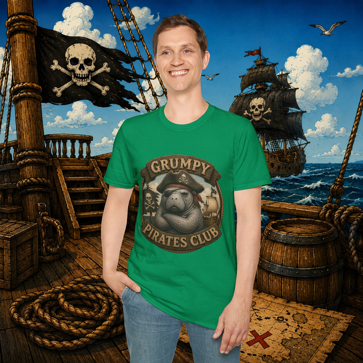 Grumpy Pirates Club Manatee T-Shirt | Funny Pirate Manatee Coastal Humor Tee