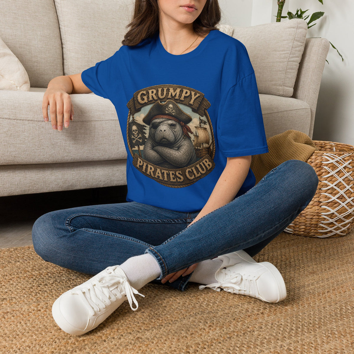 Grumpy Pirates Club Manatee T-Shirt | Funny Pirate Manatee Coastal Humor Tee