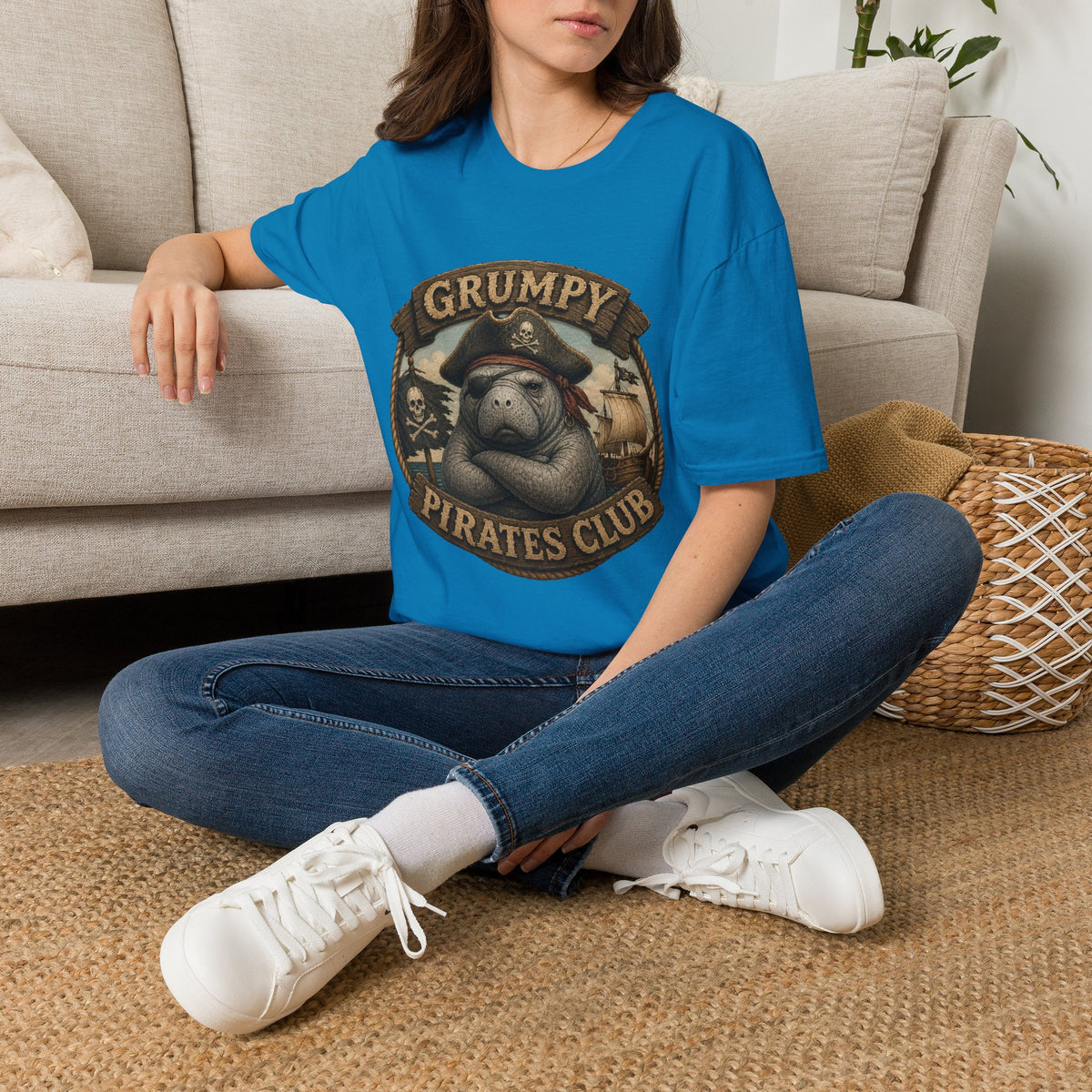 Grumpy Pirates Club Manatee T-Shirt | Funny Pirate Manatee Coastal Humor Tee