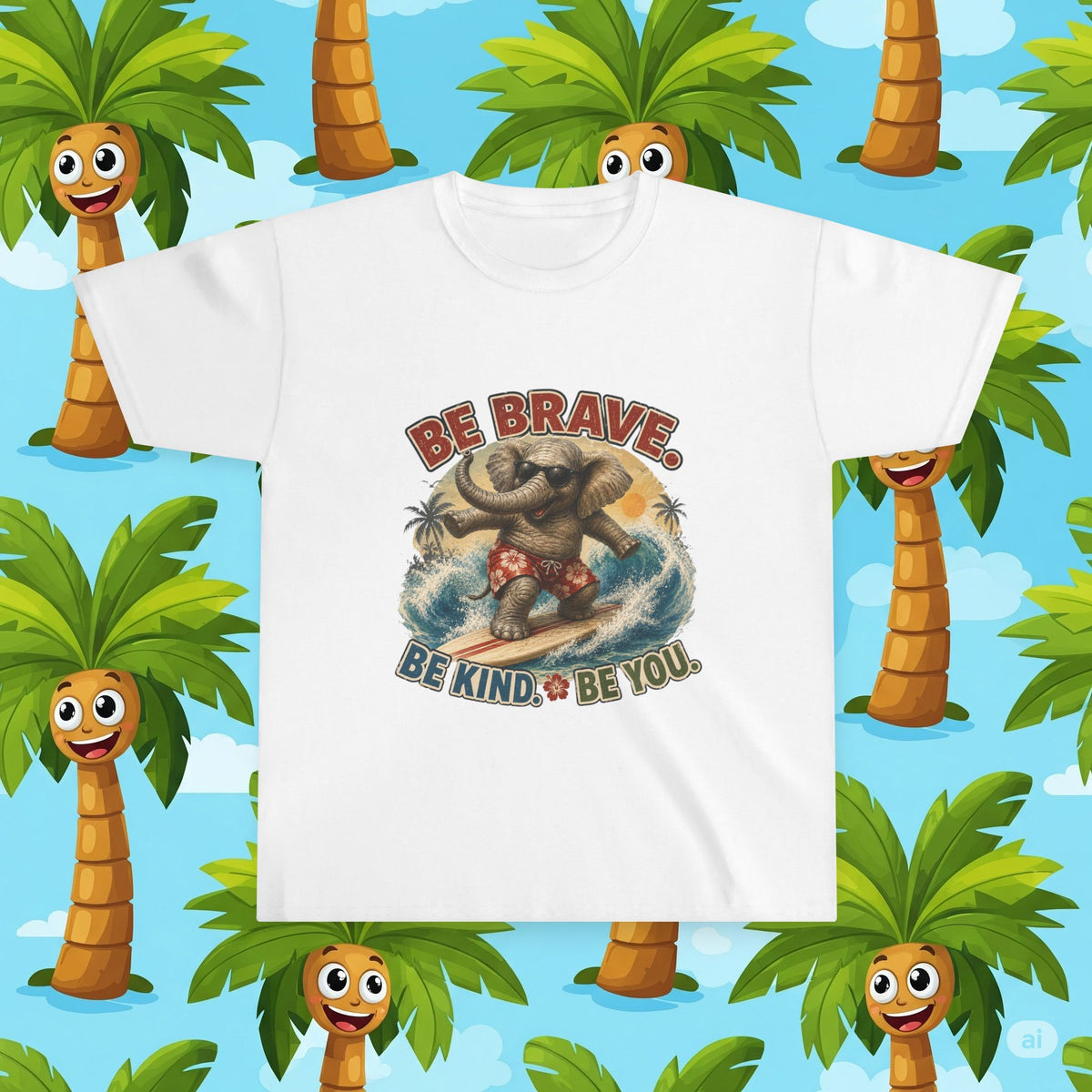 Be Brave. Be Kind. Be You. Elephant Surfing T-Shirt | Cute Inspirational Animal Shirt