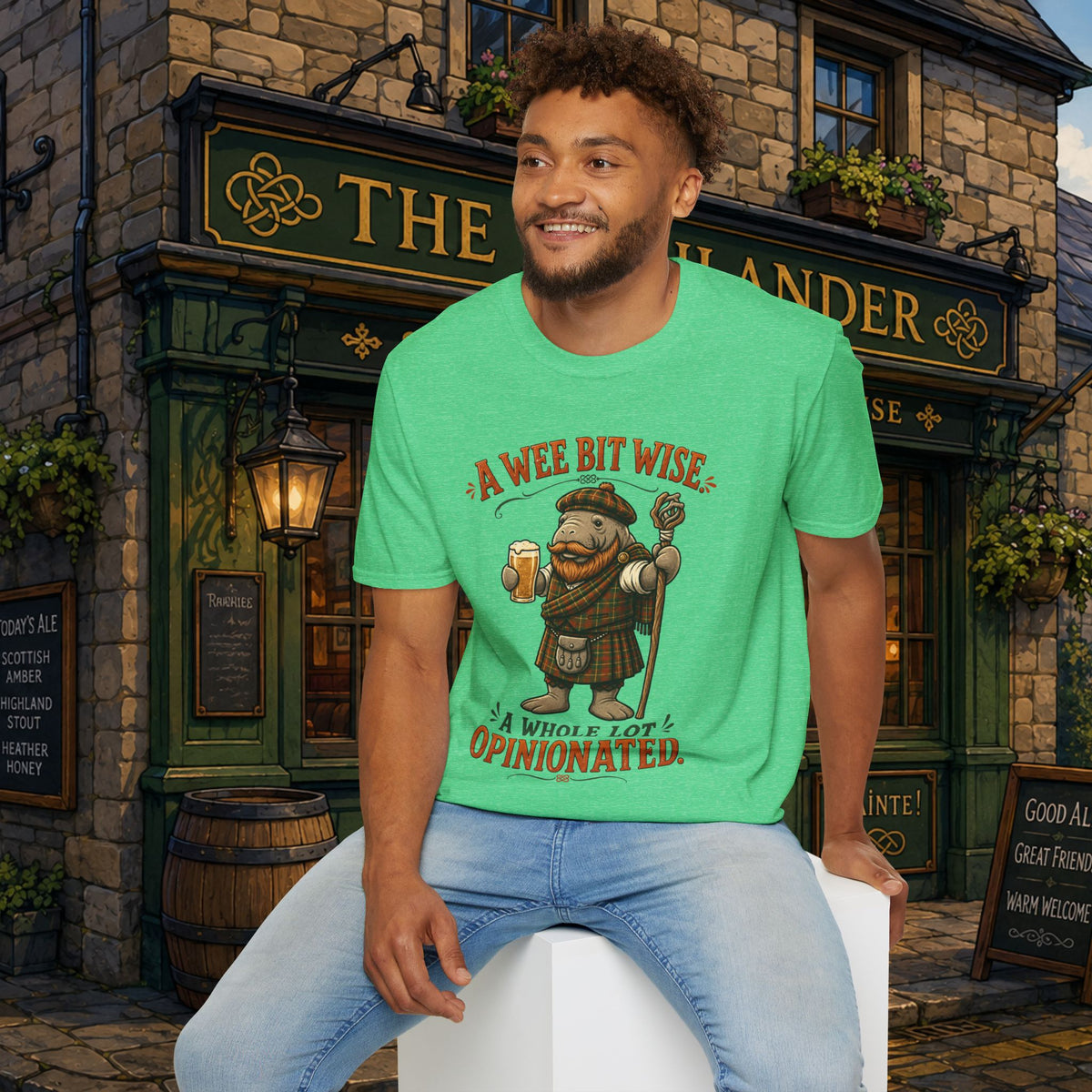 A Wee Bit Wise A Whole Lot Opinionated Shirt | Funny Scottish Manatee Tee | Highland Humor Graphic T-Shirt