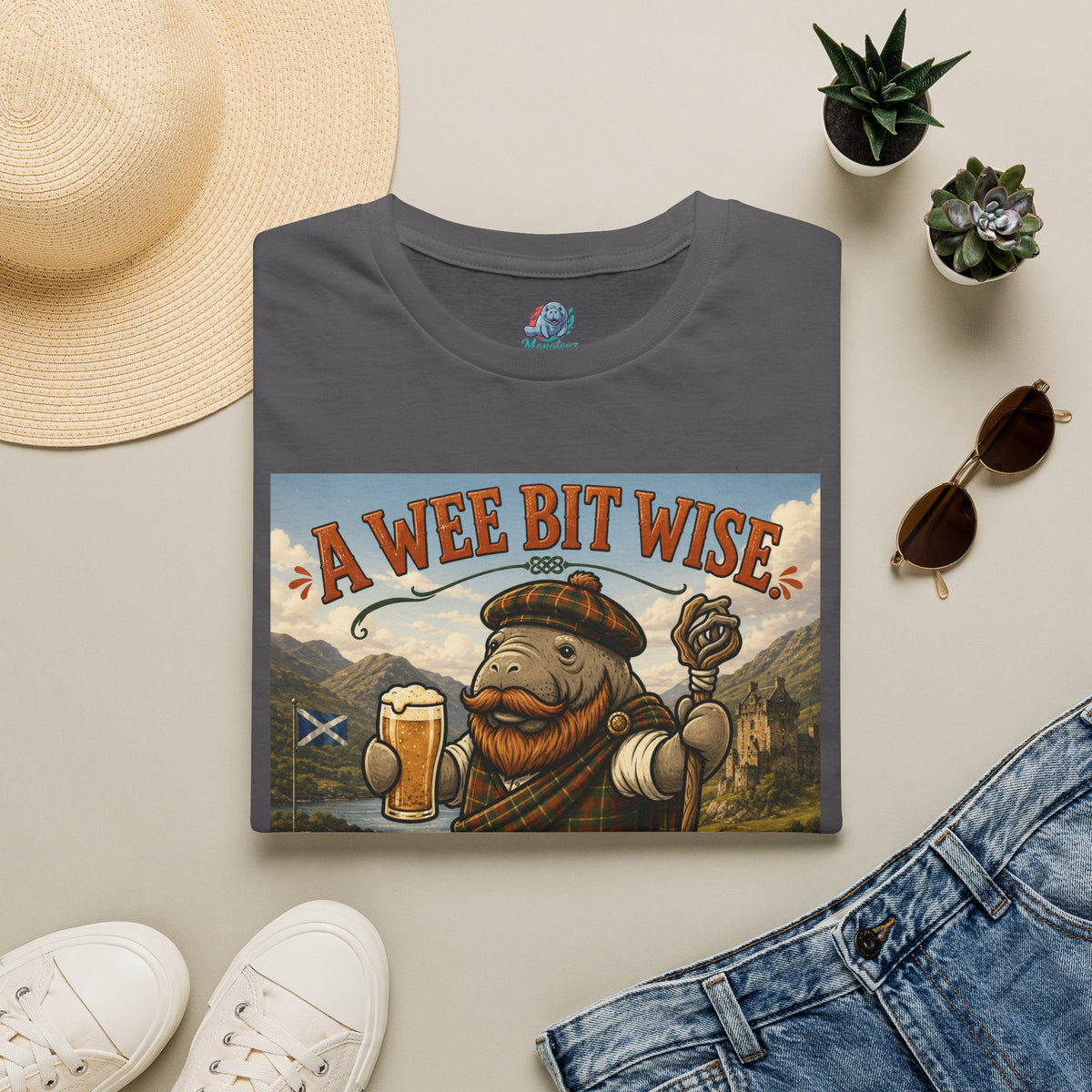A Wee Bit Wise A Whole Lot Opinionated Shirt | Funny Scottish Manatee Tee | Highland Humor Graphic T-Shirt