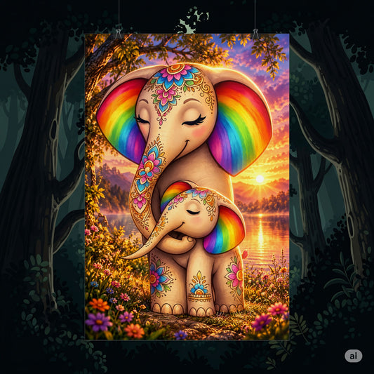 Rainbow Elephant Family Rolled Poster