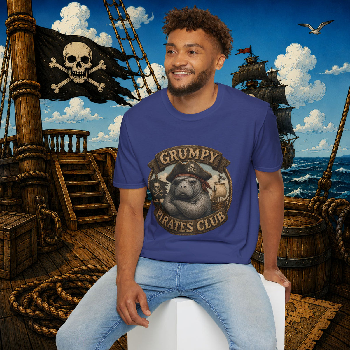 Grumpy Pirates Club Manatee T-Shirt | Funny Pirate Manatee Coastal Humor Tee