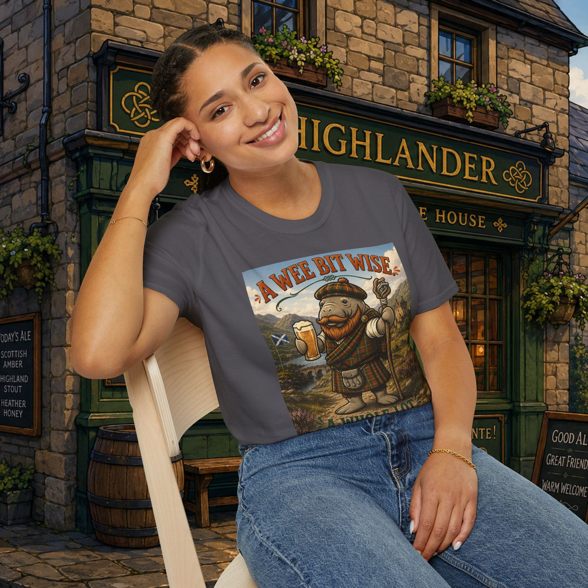 A Wee Bit Wise A Whole Lot Opinionated Shirt | Funny Scottish Manatee Tee | Highland Humor Graphic T-Shirt