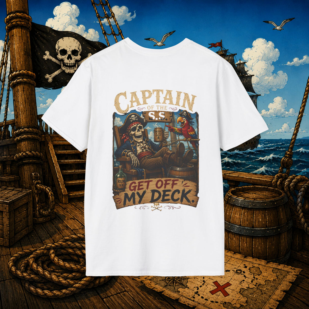 Captain of the S.S. Get Off My Deck Pirate Skeleton Shirt – Funny Grumpy Pirate Graphic Tee