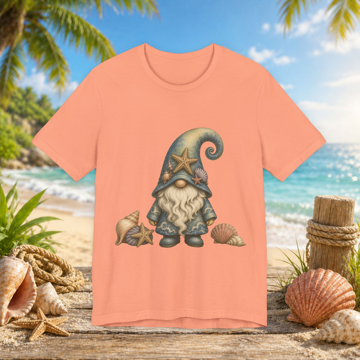 Beach Gnome with Seashells and Starfish | Coastal Nautical Fantasy Art