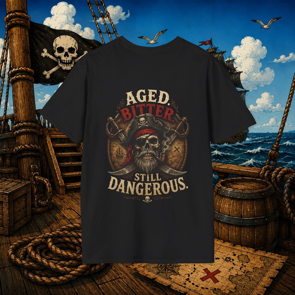 Aged Bitter Still Dangerous Pirate Skull Shirt – Funny Old Pirate Graphic Tee