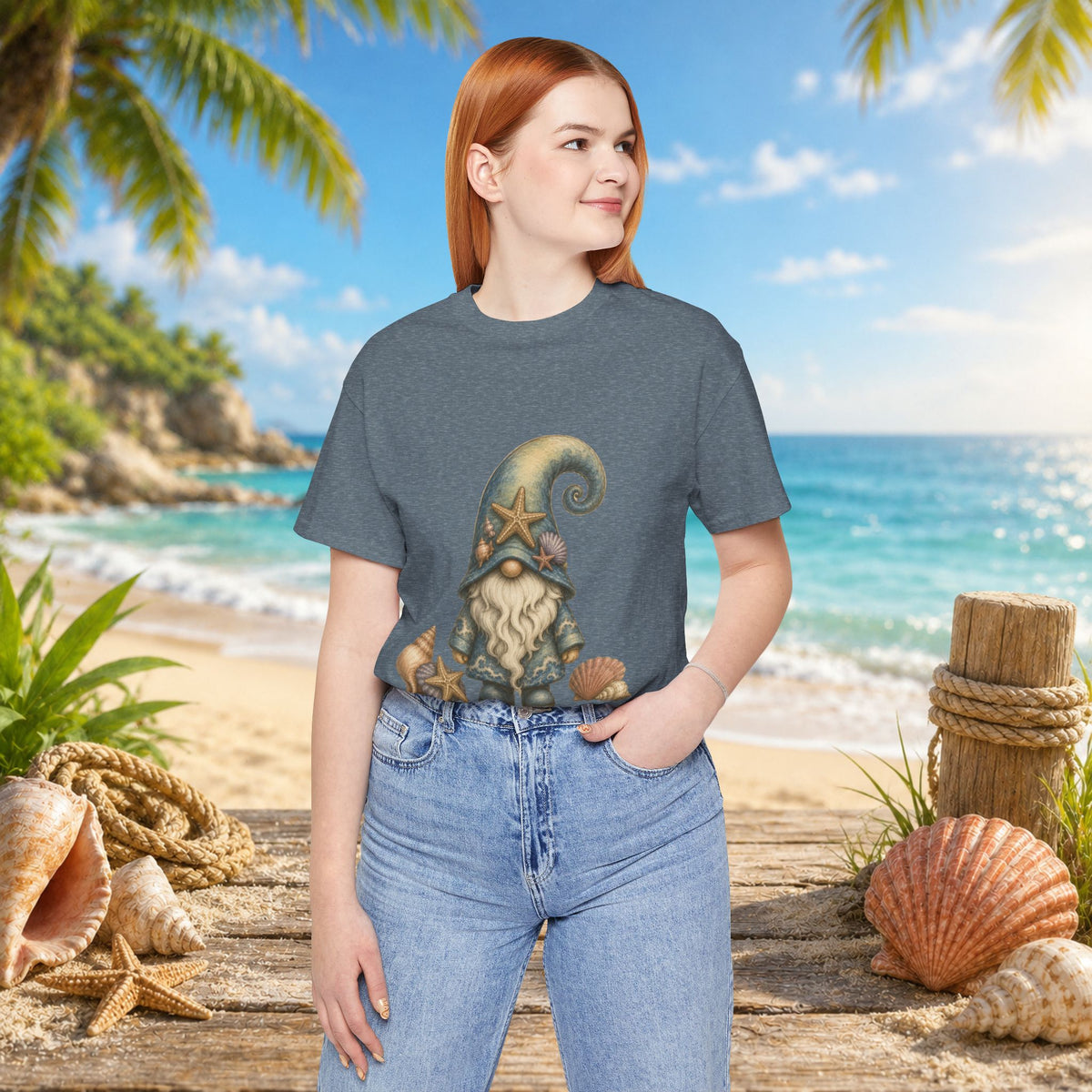 Beach Gnome with Seashells and Starfish | Coastal Nautical Fantasy Art