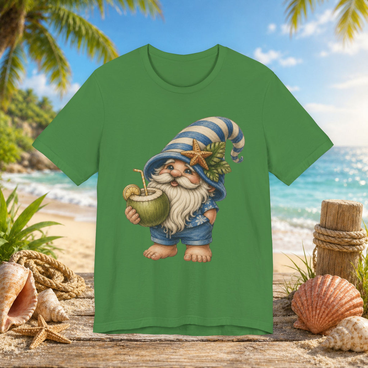 Beach Gnome Drinking Coconut | Coastal Summer Gnome Illustration