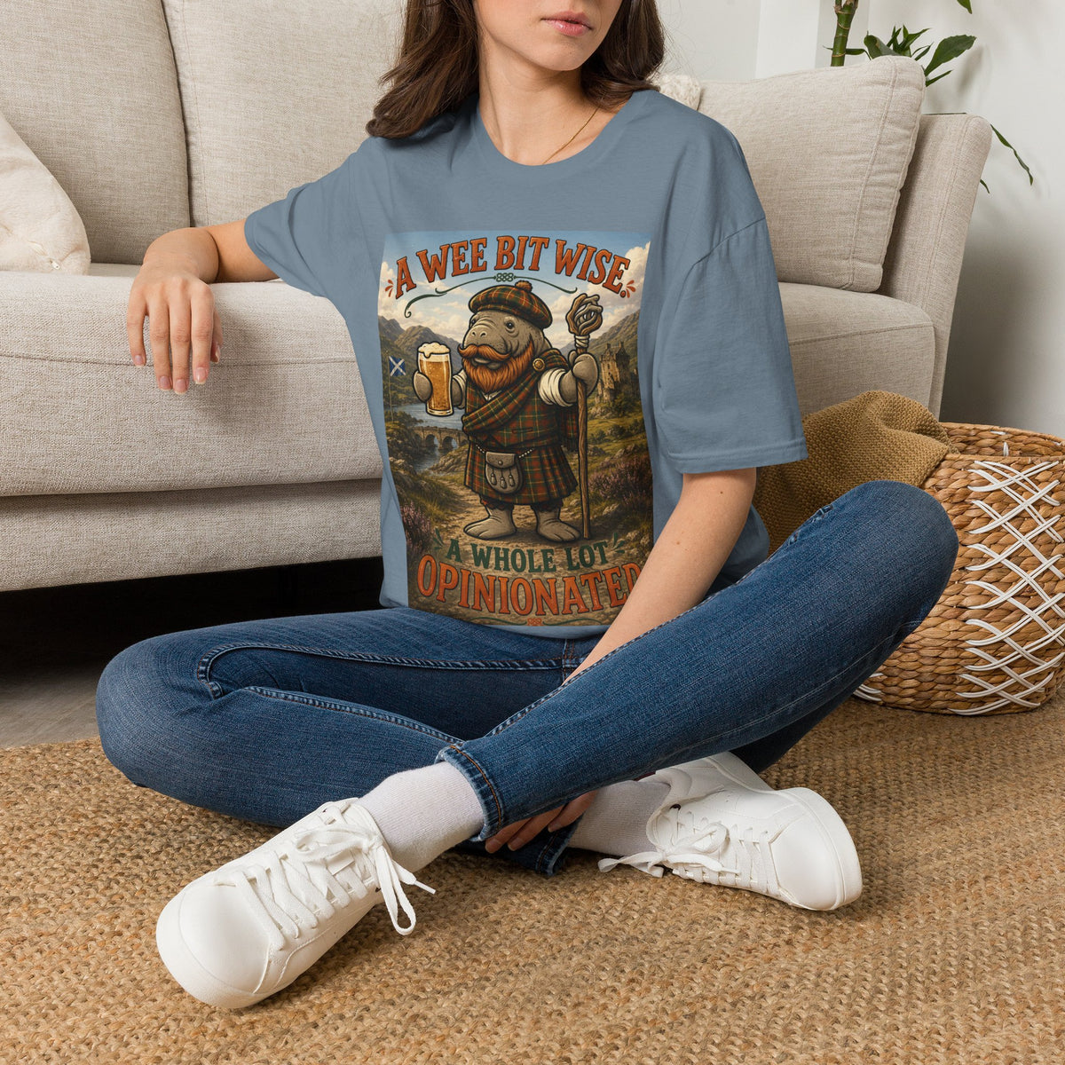 A Wee Bit Wise A Whole Lot Opinionated Shirt | Funny Scottish Manatee Tee | Highland Humor Graphic T-Shirt